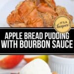 Bread Pudding with Bourbon Sauce served on a white plate, topped with warm bourbon sauce being poured over it, and a scoop of ice cream on the side.