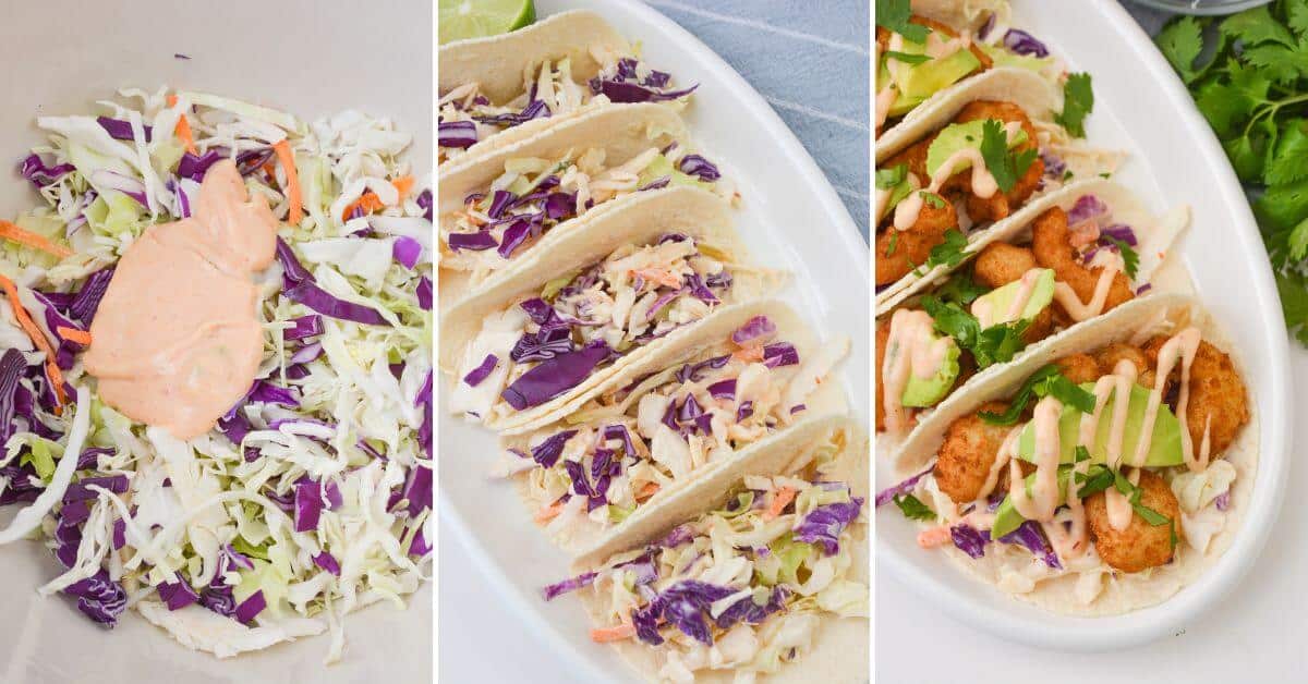 Three images: 1) Cabbage slaw with sauce. 2) Tacos filled with cabbage slaw. 3) Boom Boom Shrimp tacos topped with cooked shrimp, drizzled with sauce, garnished with cilantro.