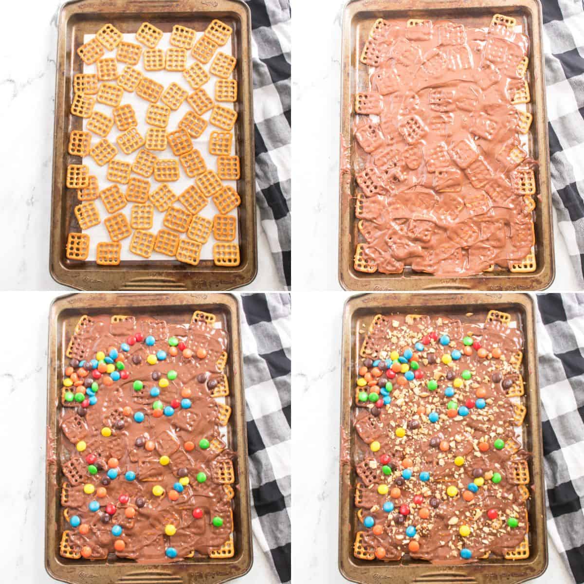 Four-step process for candy on a baking tray, melted chocolate added, chocolate candy pieces sprinkled, and finally chopped nuts added on top.