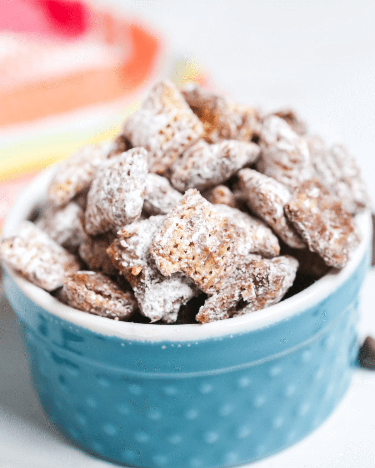 A tight shot of the chex mix muddy buddies.