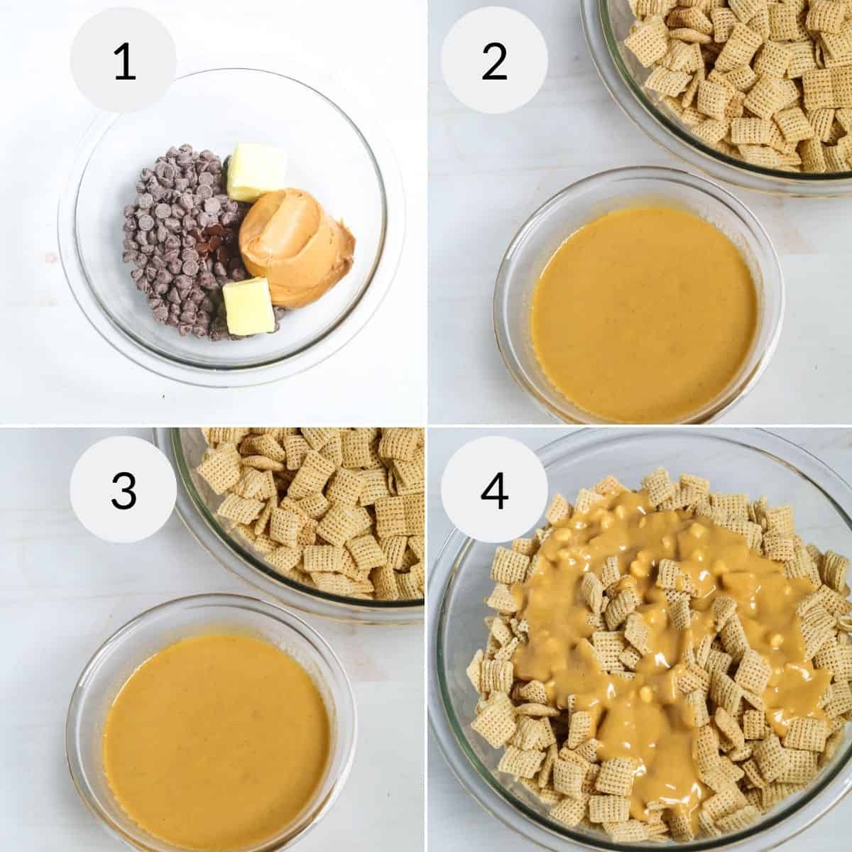 Melting the chocolate, butter and peanut butter.