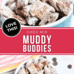 a blue bowl of the muddy buddy chex mix.
