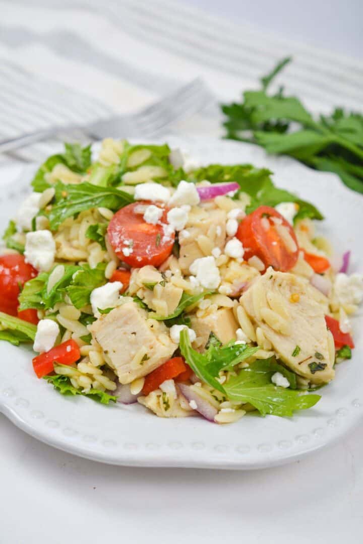 A plate with grilled chicken, cherry tomatoes, leafy greens, red onions, red peppers, and crumbled feta cheese.