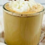 A glass mug filled with a creamy Cinnamon Chocolate Latte, topped with whipped cream and a cinnamon stick, placed on a light-colored cloth.