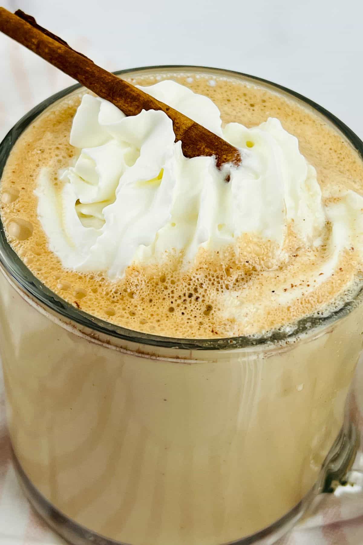 A glass mug filled with frothy Cinnamon Chocolate Latte topped with whipped cream and garnished with a cinnamon stick.