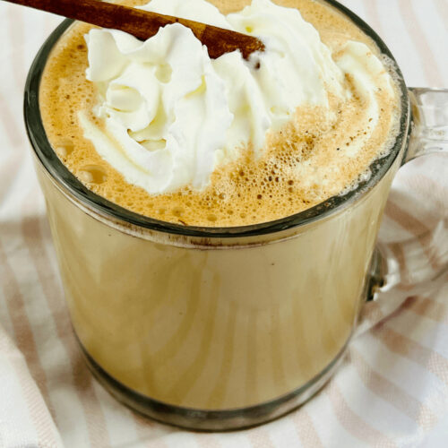 A cinnamon chocolate latte with cream and a sprinkle of cinnamon on top.