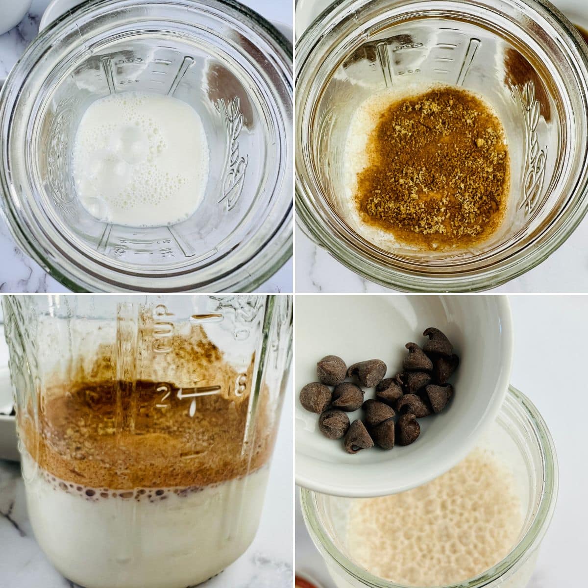 Four images show a mason jar with milk, then brown sugar added, followed by a foamed mixture, and finally chocolate chips being poured in to create a delicious Cinnamon Chocolate Latte.