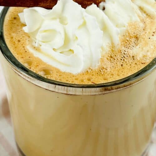 A glass of frothy Cinnamon Chocolate Latte topped with whipped cream and garnished with a cinnamon stick.