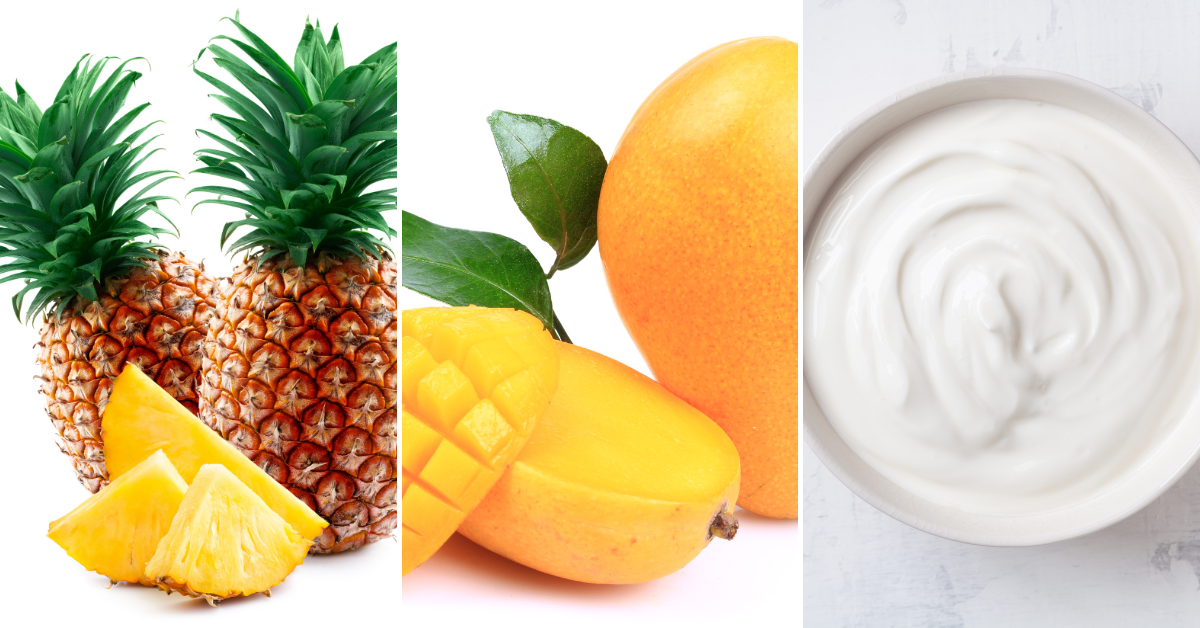 Pineapple, Mango and Greek yogurt for the smoothie.