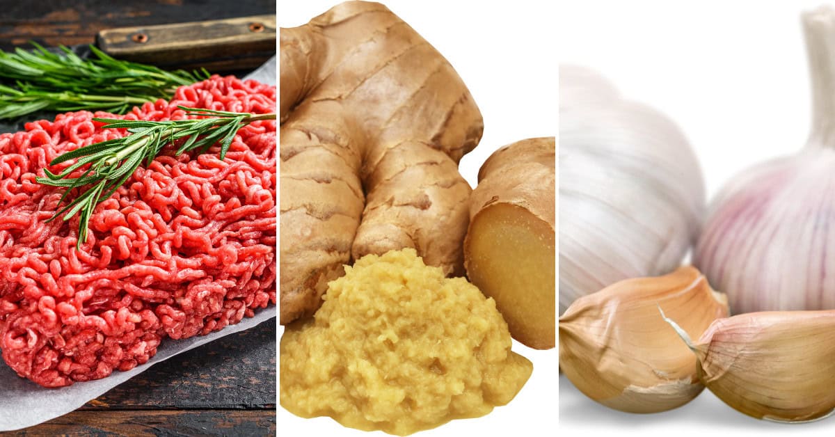 A triptych image showcases a Beef Bulgogi Bowl featuring minced meat with rosemary, alongside fresh and grated ginger, complemented by whole garlic bulbs with cloves.