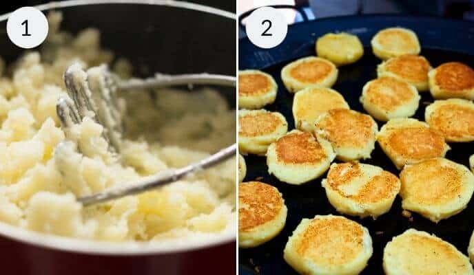 Image split in two: on the left, mashed potatoes being mixed with a hand masher; on the right, Fried Mashed Potato Cakes sizzling and browning in a pan. Each side is labeled 1 and 2.