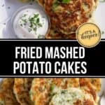 A plate of crispy Fried Mashed Potato Cakes garnished with herbs, served with a side of sour cream and chopped parsley.