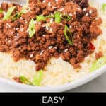 A Beef Bulgogi Bowl featuring a savory blend of seasoned ground beef, garnished with chopped green onions and sesame seeds. Chopsticks rest gracefully on the bowl's edge, inviting you to savor each delicious bite.