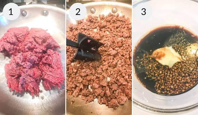 A three-panel image illustrates steps for creating a Beef Bulgogi Bowl: ground beef sizzles in a pan (steps 1 and 2), followed by a blend of soy sauce, garlic, and spices ready to infuse the dish with flavor (step 3).