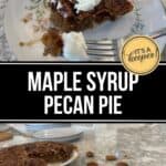 A slice of Maple Syrup Pecan Pie topped with vanilla ice cream sits on a floral plate, with a fork and scattered pecans nearby.