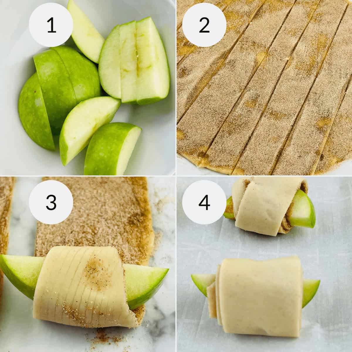 Cutting the apples and rolling up the mini apple pie bites.
