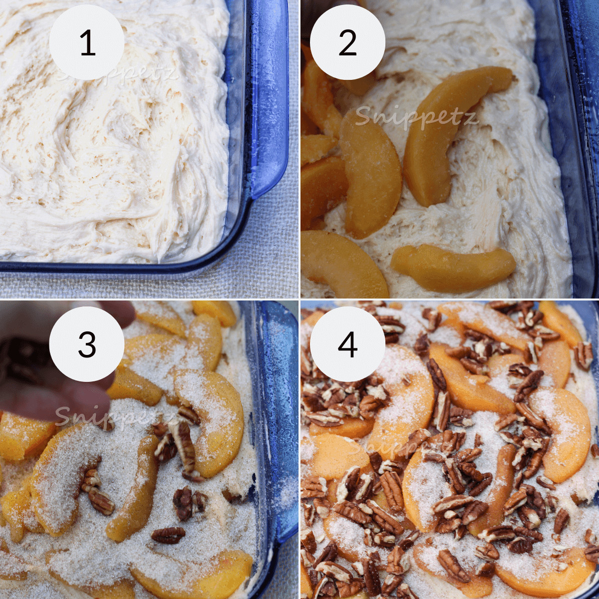 Layering the peach coffee cake. Then baking.
