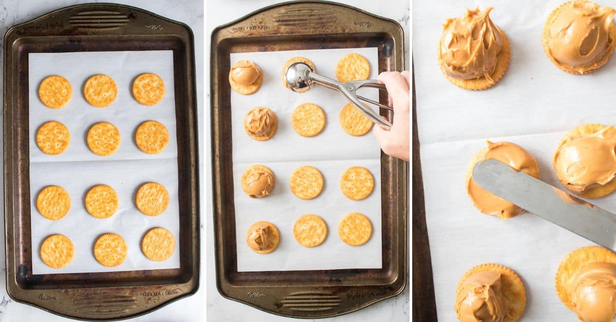 Three images show Peanut Butter Patties being made: Ritz crackers on a baking sheet, topped with peanut butter using a scoop, then smoothed with a spatula, all on parchment paper.