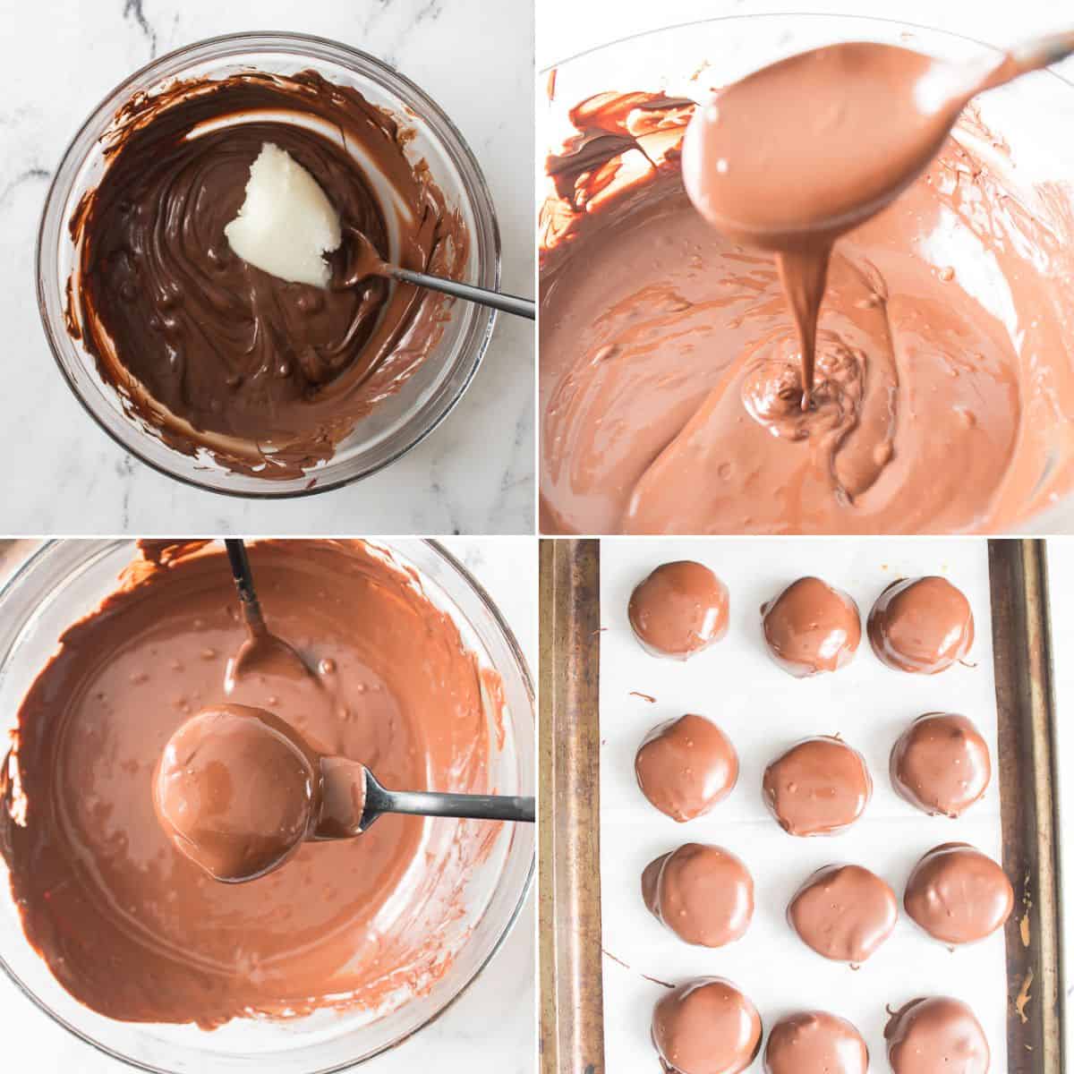 Four images show the process of coating melted chocolate, with the final image displaying chocolate-covered rounds on a baking sheet.