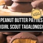 Stack of chocolate-covered Peanut Butter Patties, some with bites taken out, labeled as classic Girl Scout Tagalongs.
