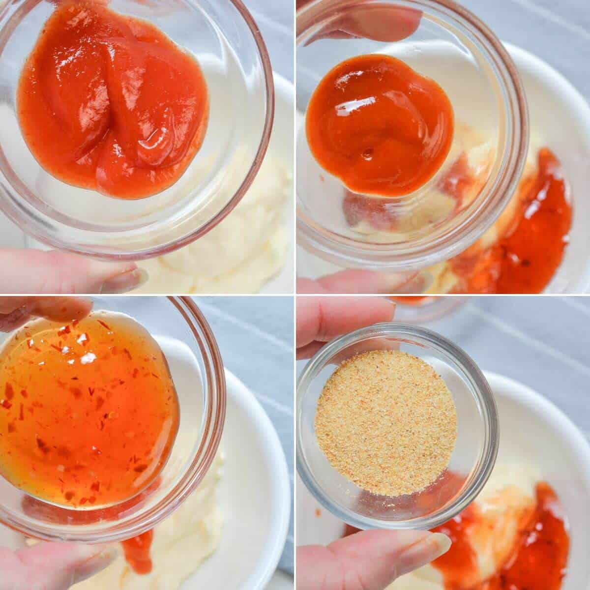 Four images demonstrate the steps to whip up a delicious condiment adding ketchup, mixing in chili sauce, sweetening with sweet chili sauce, and sprinkling garlic powder into a bowl.