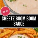 A bowl of creamy Sheetz Boom Boom Sauce garnished with herbs, surrounded by crinkle-cut fries. Savory and irresistible, it’s the perfect dip for any fry craving.