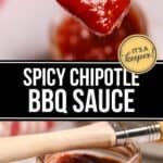 A brush dipped in rich Chipotle BBQ Sauce hovers above a jar, with bold text "Spicy Chipotle BBQ Sauce" and a yellow sticker that reads "It's a Keeper!".