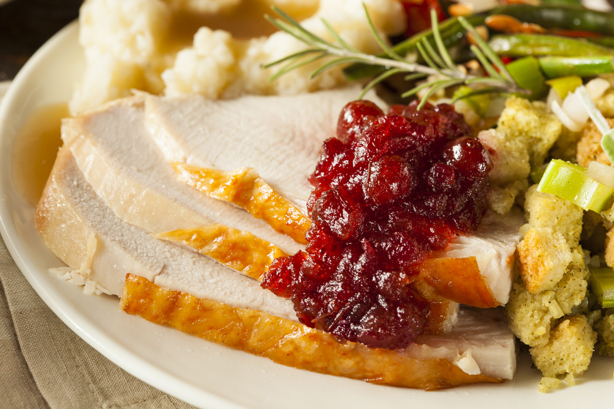 Turkey with cranberry sauce made from the crock pot turkey and stuffing.