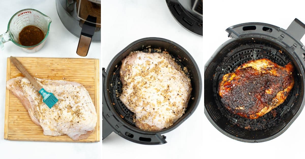 Three-panel image featuring meat on a cutting board before cooking, and perfectly cooked.