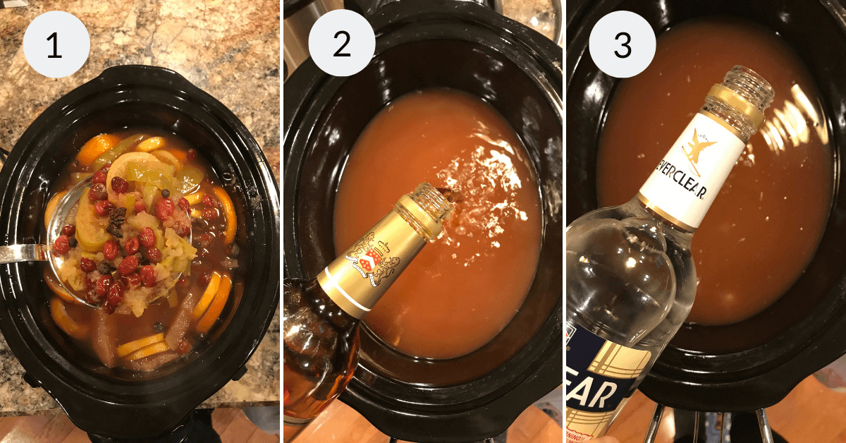 Adding the whiskey to the slow cooker for the Apple Boilo {Everclear Recipe}.