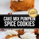 Close-up of Cake Mix Pumpkin Spice Cookies with white frosting, displayed on a white background and wooden surface. Text reads "Cake Mix Pumpkin Spice Cookies.