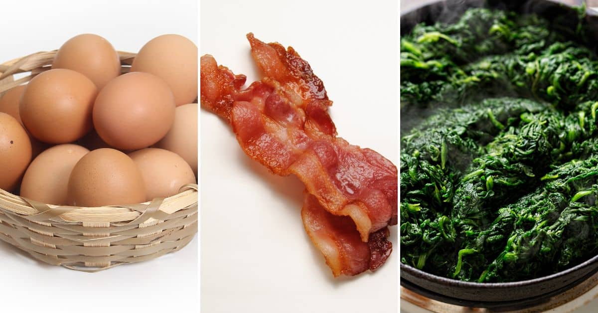The eggs, bacon and spinach to make the quiche.