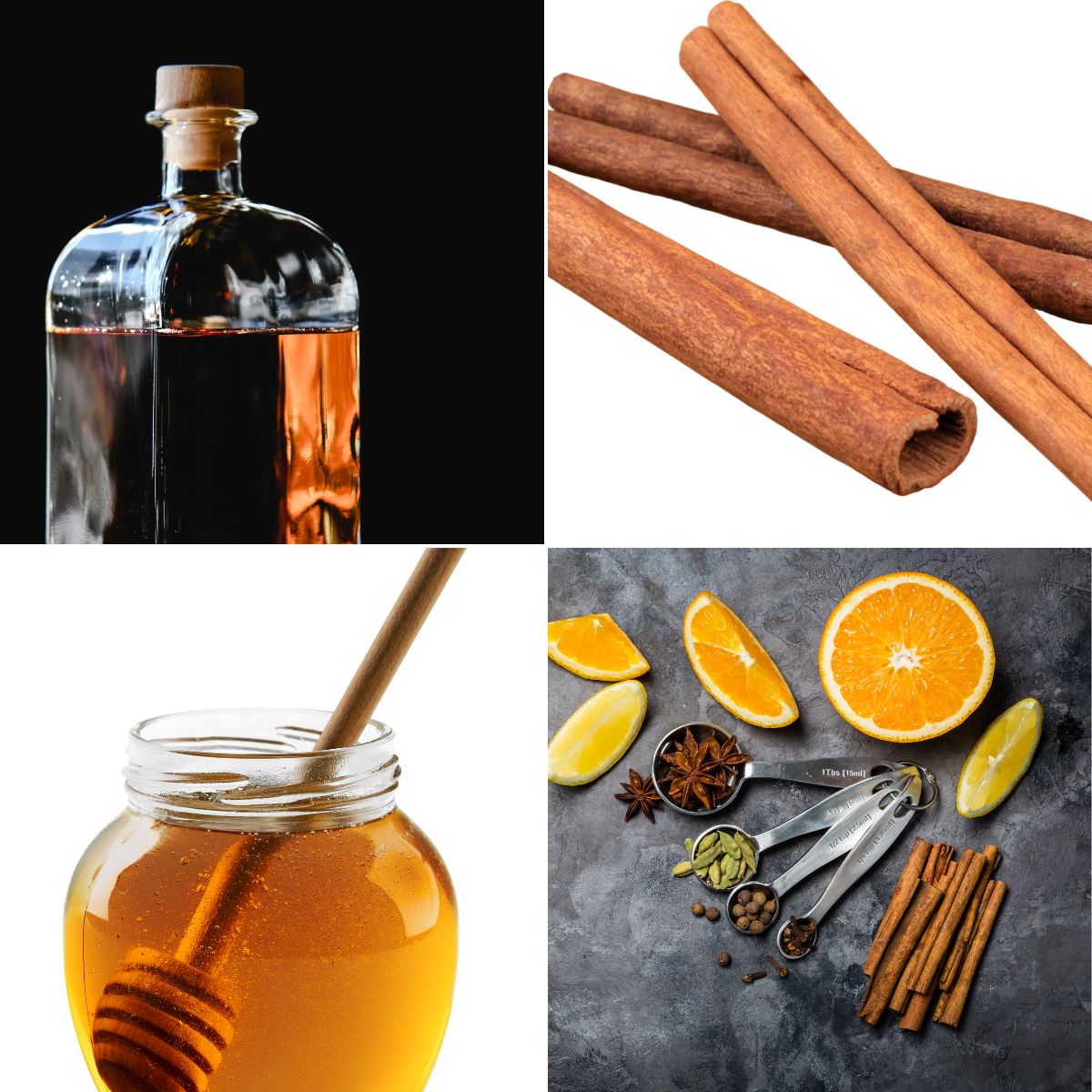 Whiskey, honey, cinnamon and spices.