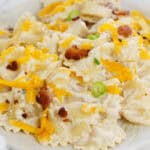 A white plate filled with the crack chicken pasta.