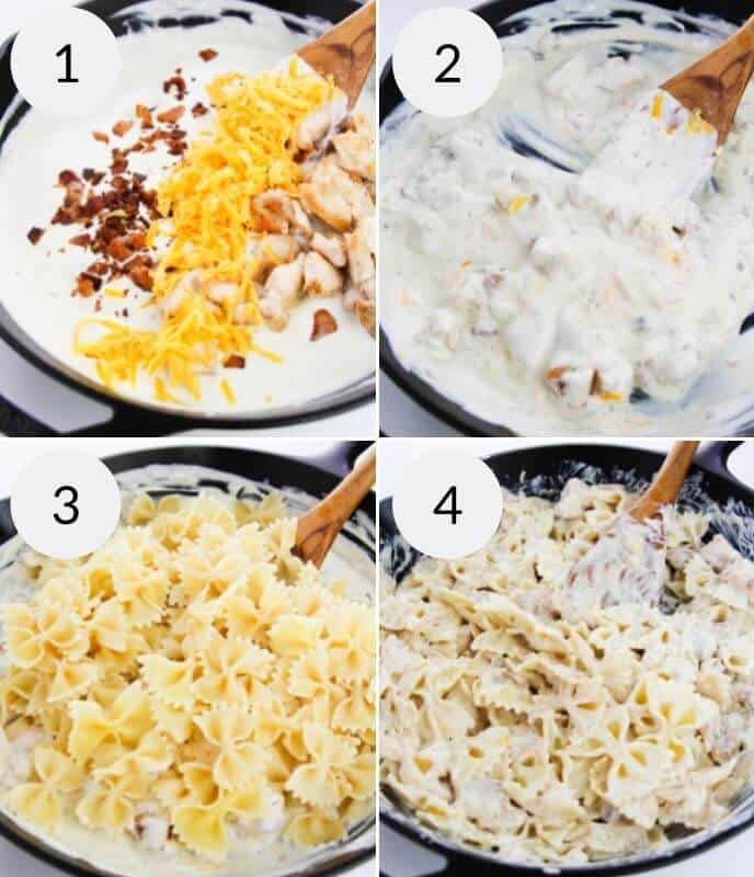 Adding the cooked bacon, pasta and chicken to make the dish.