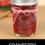 A glass jar filled with Cranberry Moonshine, sealed with a metal lid and tied with red and white string, sits on a surface with a blurred background.