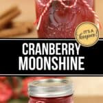 A mason jar filled with vibrant Cranberry Moonshine, sealed with a metal lid and decorated with red and white string, sits next to aromatic cinnamon sticks.
