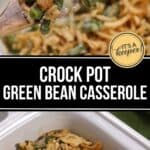 A crock pot filled with Crock Pot Green Bean Casserole, topped with crispy fried onions; a wooden spoon lifts a serving. Text overlay reads "Crock Pot Green Bean Casserole.