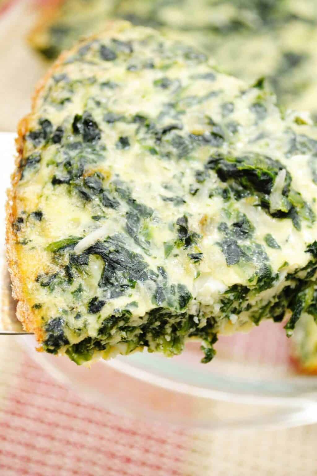 A slice of the crustless spinach bacon quiche.