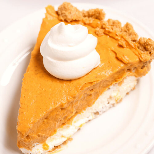A slice of the double layer cream cheese pumpkin pie.