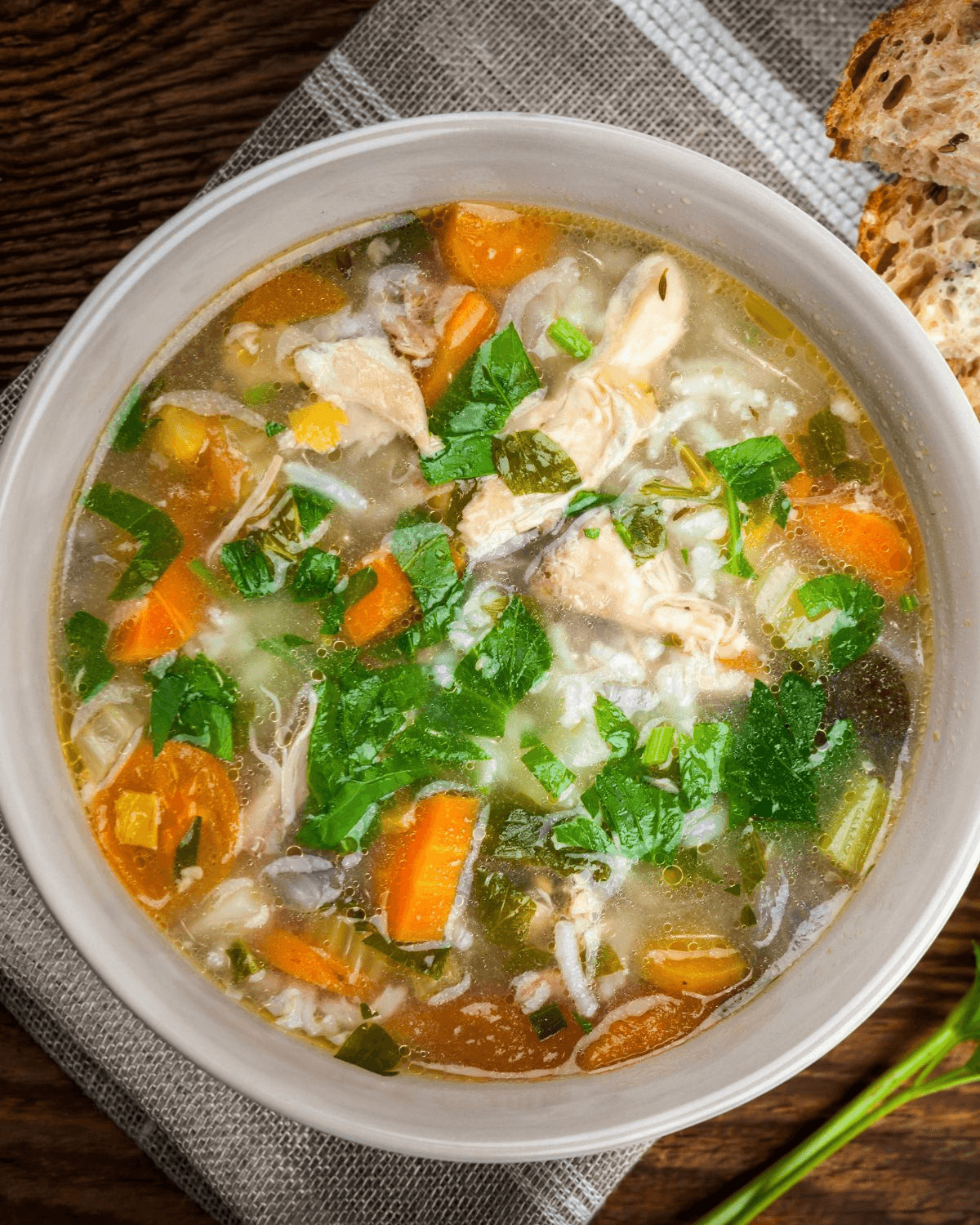 A top shot of the easy turkey rice soup.