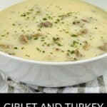 A bowl of creamy Turkey Neck Gravy with giblets, garnished with chopped herbs, sits on a striped cloth with a text label at the bottom.