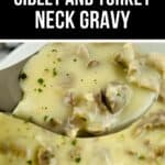 A spoonful of Turkey Neck Gravy, rich with chopped meat pieces and herbs, is held above a bowl brimming with this savory, flavorful gravy.