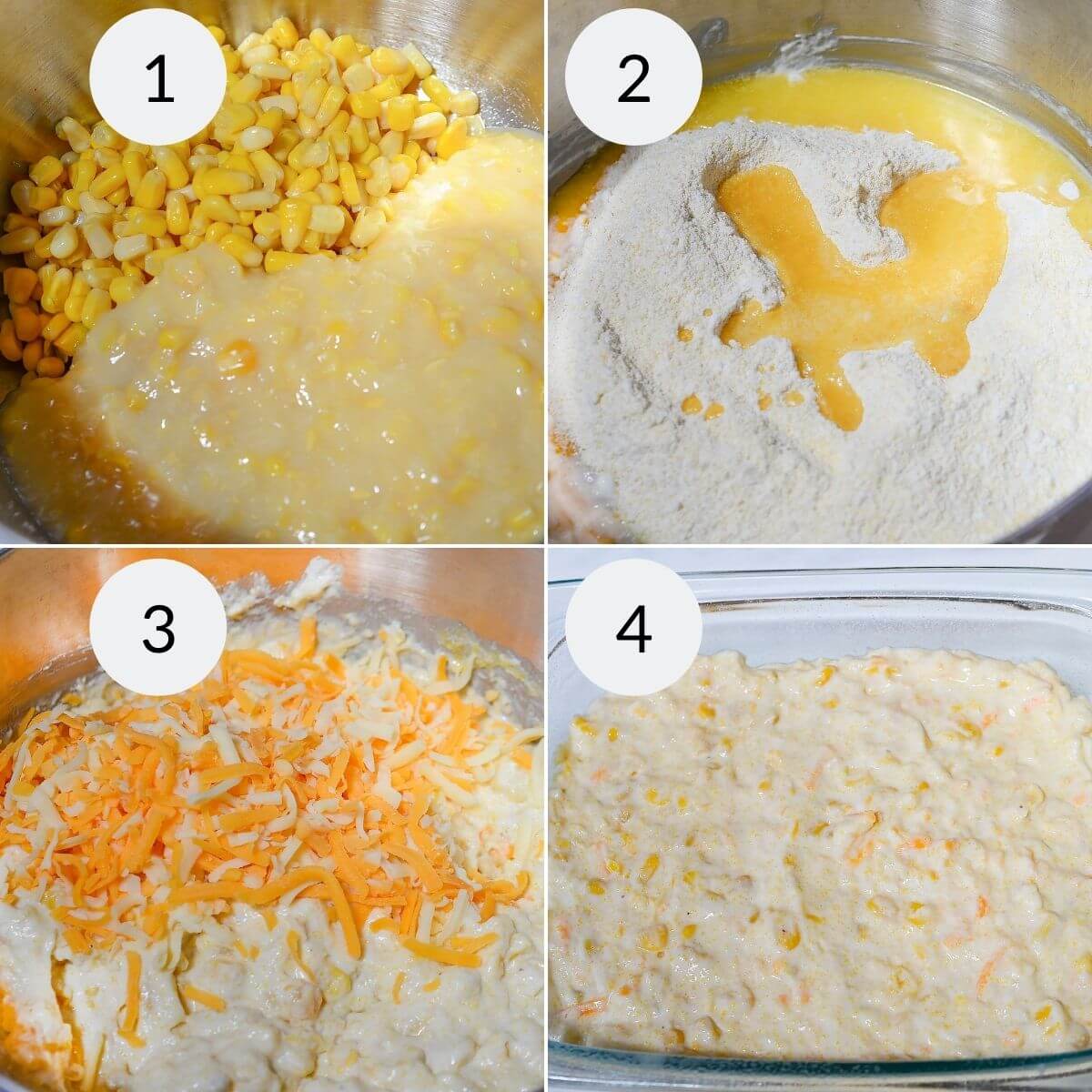 Mixing the corn, cheese and ingredients to make the casserole.