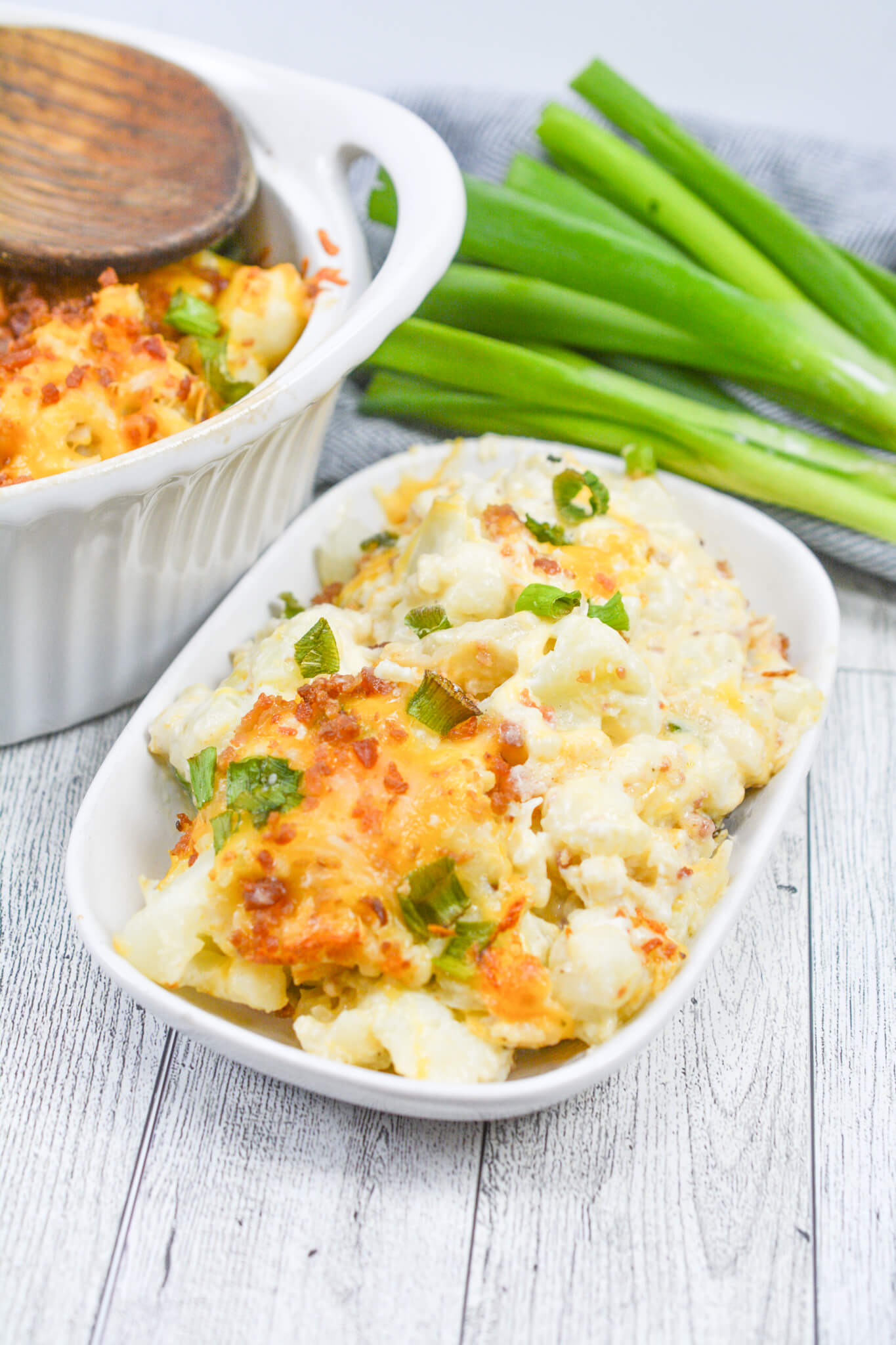 A helping of the loaded cheesy cauliflower bake.
