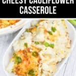 A delicious cheesy cauliflower casserole is crowned with vibrant green onions, elegantly presented on a white plate, while a tempting portion beckons from the nearby baking dish.