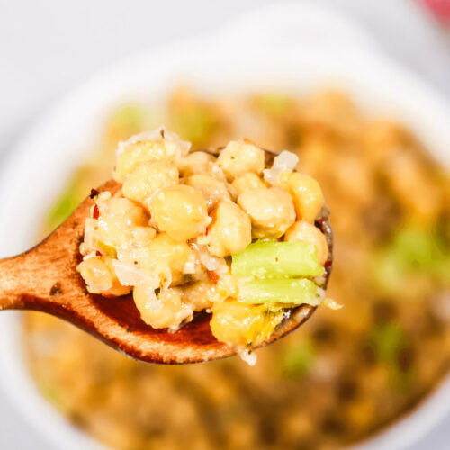 A spoon of the marinated chickpea salad.
