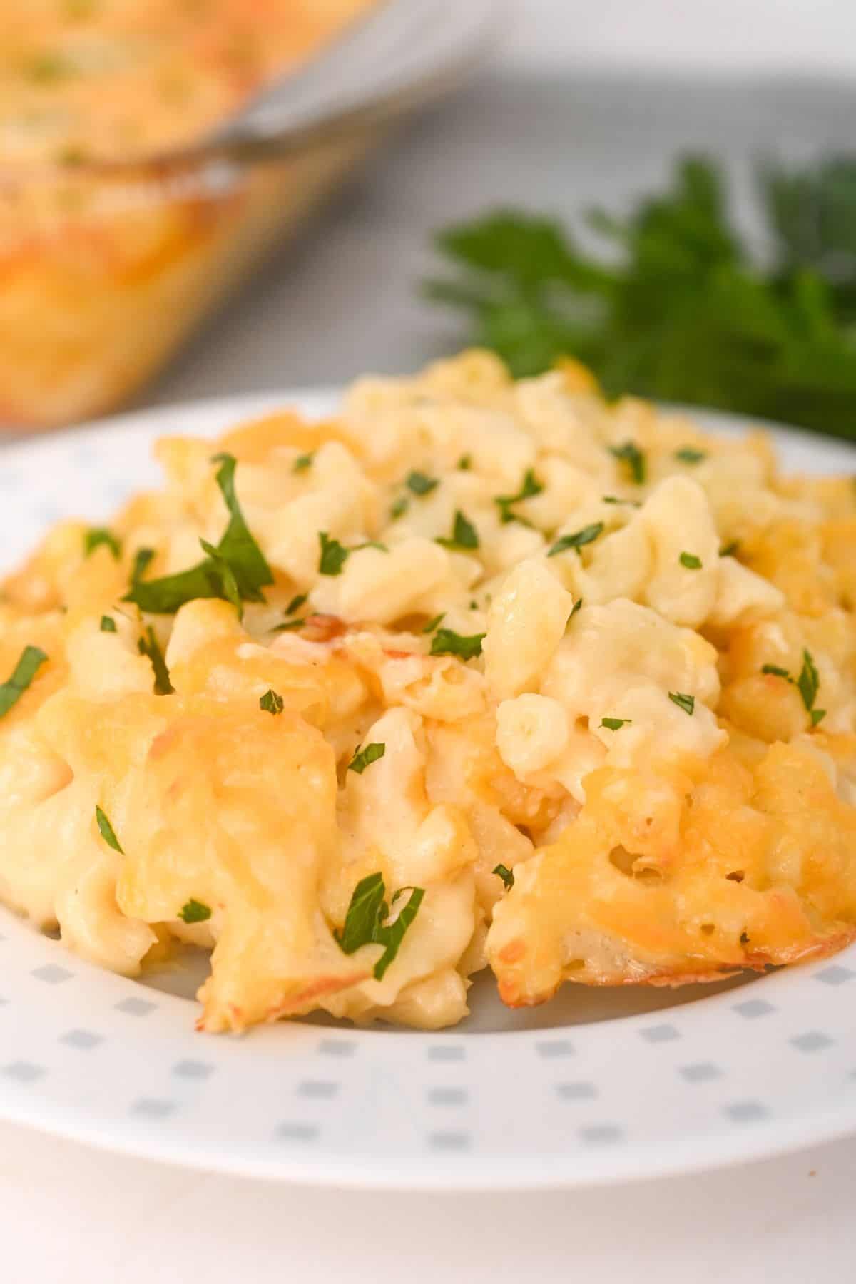 A serving of Old Fashioned Baked Macaroni and Cheese garnished with chopped parsley sits on a white plate, with a casserole dish and fresh parsley in the background.