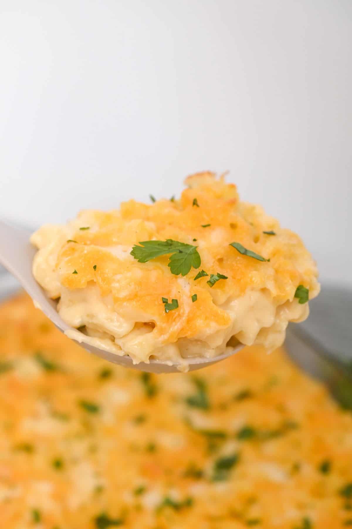 A close-up of a spoonful of creamy dinner, topped with melted cheese and parsley, held above a larger dish of the same cheesy casserole.