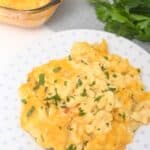 A serving of Old Fashioned Baked Macaroni and Cheese garnished with chopped parsley sits on a white plate, with a baking dish and fresh parsley in the background.